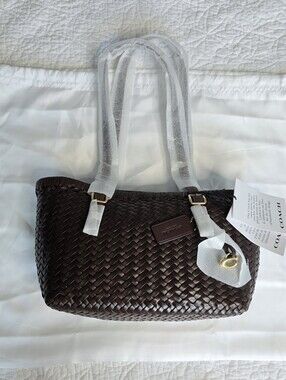 Coach Woven Leather Swing Tote Maple Brown